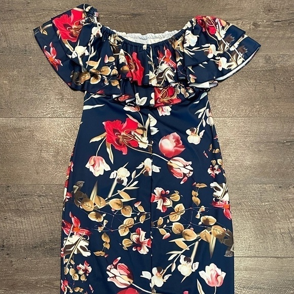 Navy & Red Floral Ruffled Off-Shoulder Dress Sz M - Picture 3 of 5